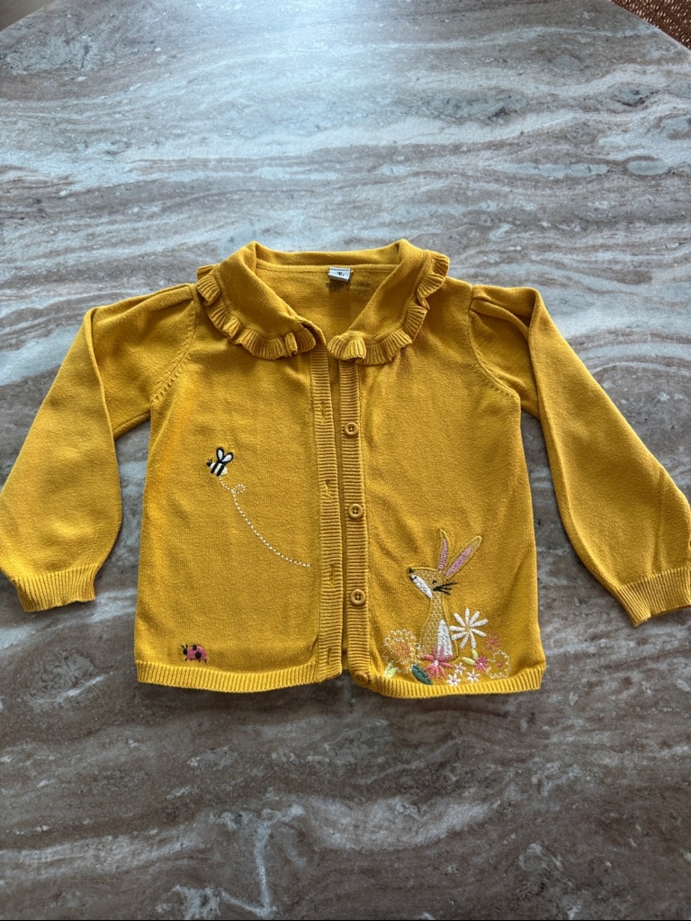 Girls' Mustard Yellow Ruffle Collar Cardigan with Bunny Embroidery